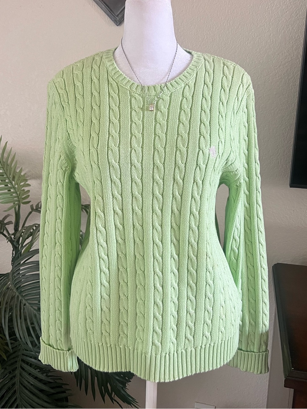 Ralph Lauren Women’s Light Green Cable Knit Crewneck Sweater